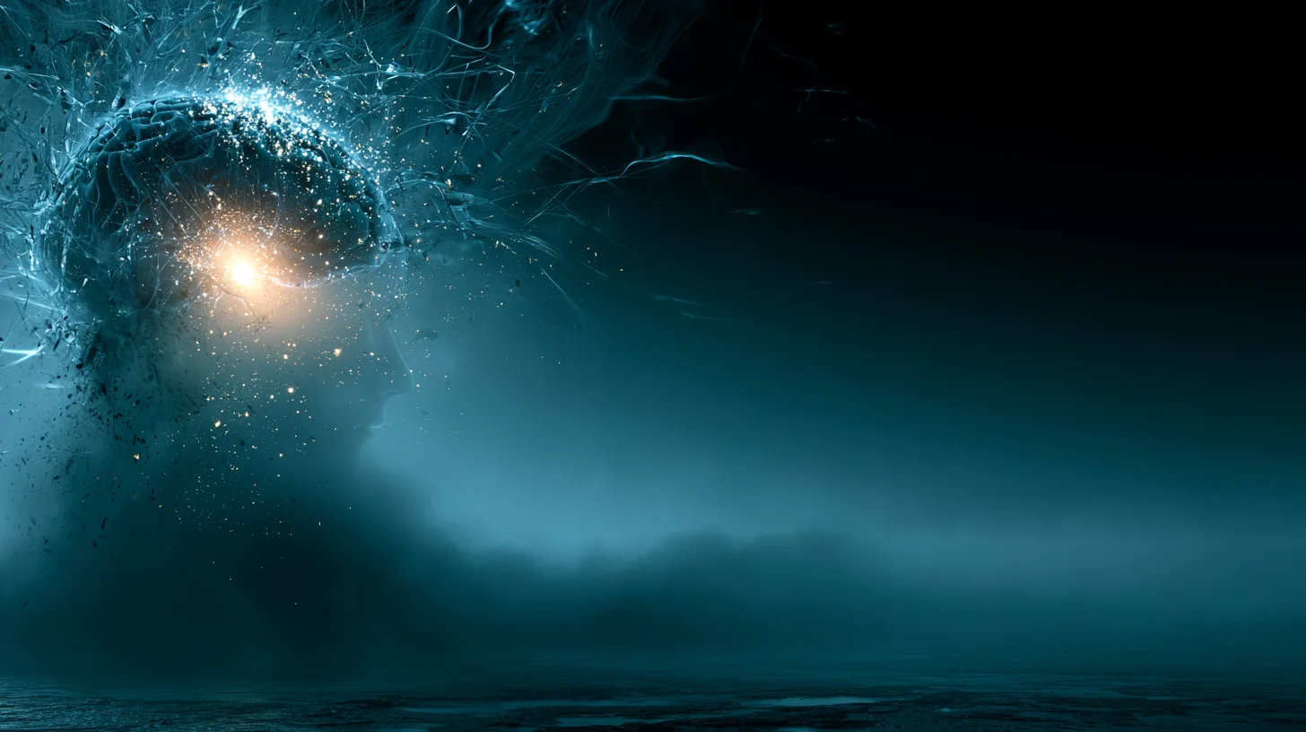 An abstract human head in profile dissolving into glowing cyan particles against a dark background, with a bright point of light in the brain region