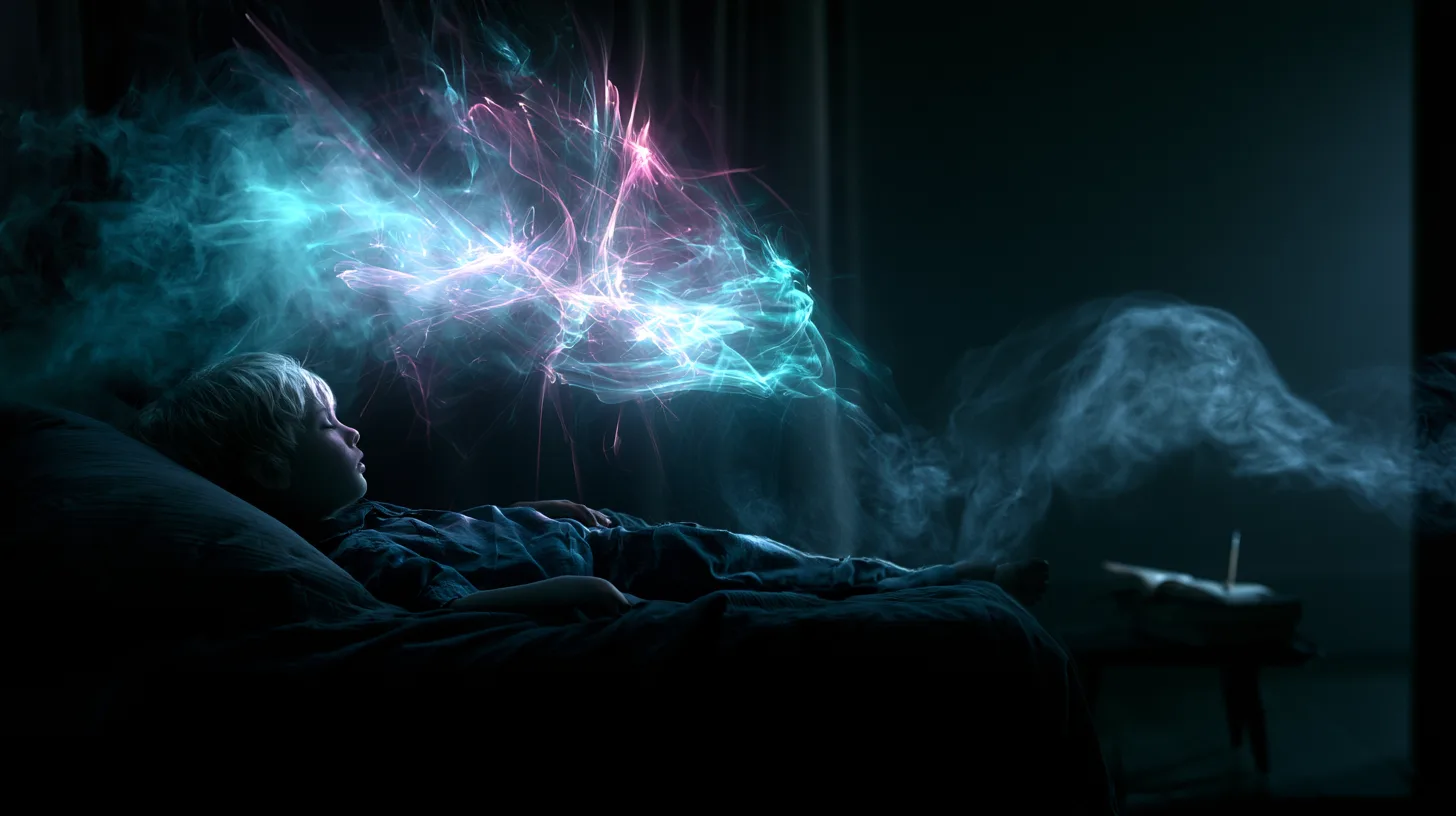 A young child asleep in a dark bedroom, with abstract cyan and pink light glowing above their head, and a faint open book on a small table in the background